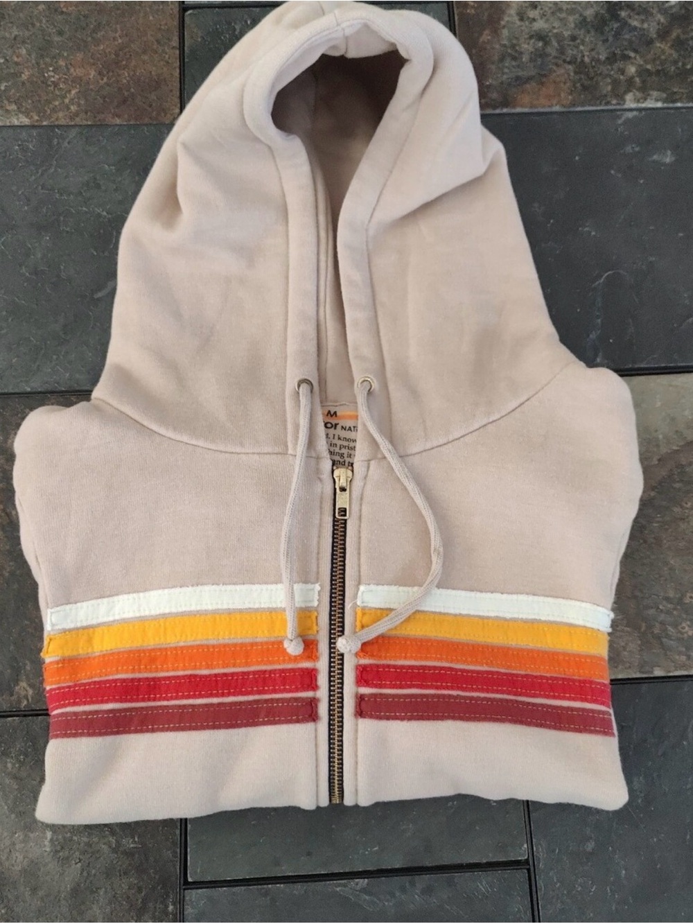 Beige Hooded Zip-Up Sweater with Sunset Stripe Detail - Picture 7 of 7